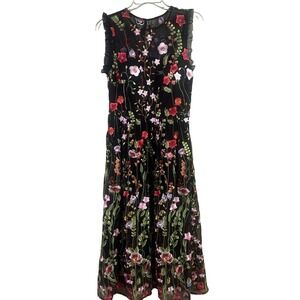 Aqua Formal Black Mesh Embroidered Floral Midi Lined Dress Size 6 NWT
